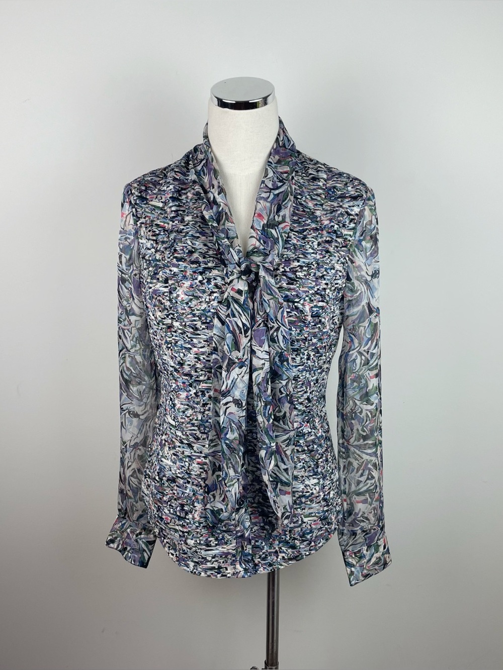 Catherine Malandrino Silk Gray Blue Pink Colorful Sheer Blouse Top Women Size 6